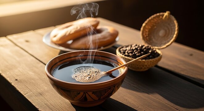 African coffee ceremony: a steaming traditional clay bowl with black coffee, raw coffee beans in a woven basket, and homemade bread in the warm glow of morning light on wood.