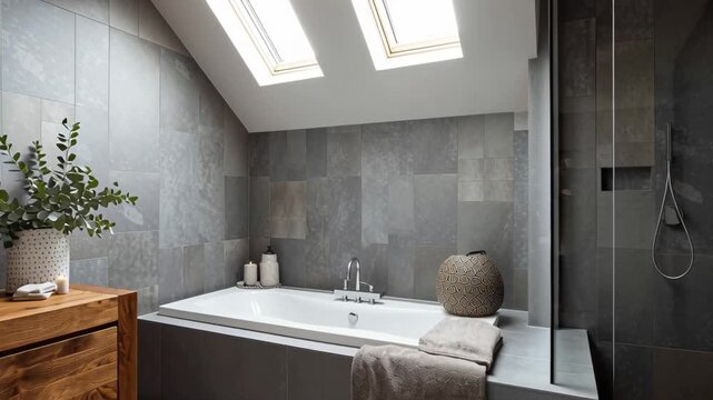 Serene modern attic bathroom interior design with bathtub, rustic wooden vanity, and skylight creating calm, relaxing, spa like atmosphere