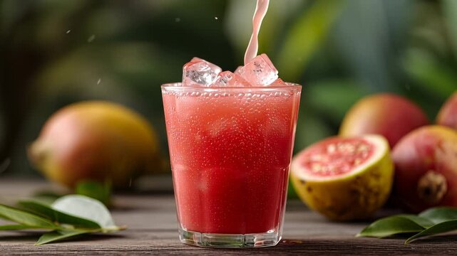 Refreshing vibrant pink guava juice pouring into cool glass with ice, ultimate healthy tropical fruit drink for summer day
