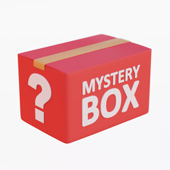 Red mystery box with question mark on it isolated on white background. 3D mystery box.