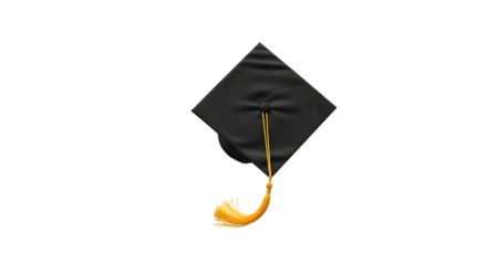 Black graduation cap with gold tassel on white background.
