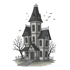 Obraz premium Illustration of a spooky haunted house with a tall spire and bats flying overhead in a graveyard