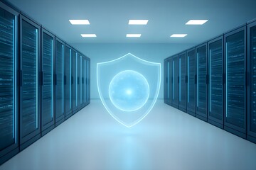 Cyber security emblem safeguarding critical data within a high-tech server environment.