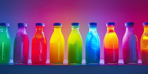 Vibrant rainbow of colorful liquids in glass bottles glowing under dramatic lighting