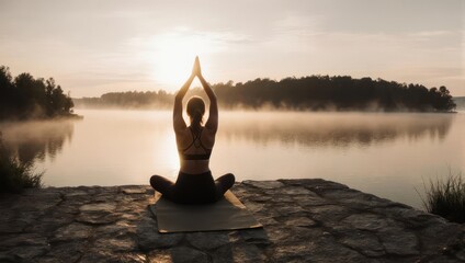 Silhouetted woman practicing yoga by a misty lake at sunrise