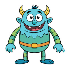 Friendly blue cartoon monster with yellow horns and green striped arms and legs silhouette isolated on white background