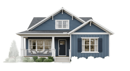 A charming blue suburban house with a welcoming front porch isolated on a white background.