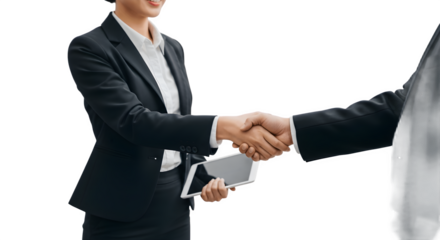 Business partners shaking hands after successful deal agreement.