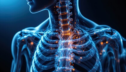 Radiant skeletal system anatomy with glowing spinal detail for advanced medical research and innovative healthcare presentations and educational materials