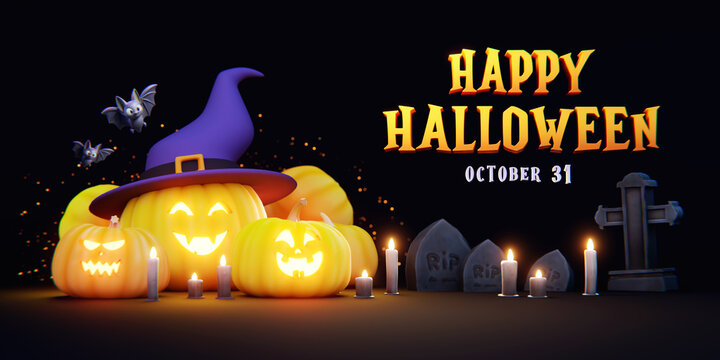 Halloween Trick or Treat with Pumpkin Jack-O'-Lantern, Witch Hat,pumpkins, bats, and spooky decorations on a black background. Perfect for a Halloween banner or poster. 3D Illustration