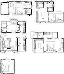 Drawing 2D Interior Design Furniture Layout Plan — Bedroom, Dressing Room, and Bathroom (5 Layouts, 5 Designs)