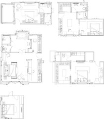 Fototapeta premium Drawing 2D Interior Design Furniture Layout Plan — Bedroom, Dressing Room, and Bathroom (5 Layouts, 5 Designs)