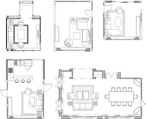 Drawing Interior Design Furniture Layout Plan — Living Room Design (5 Layouts, 5 Styles)