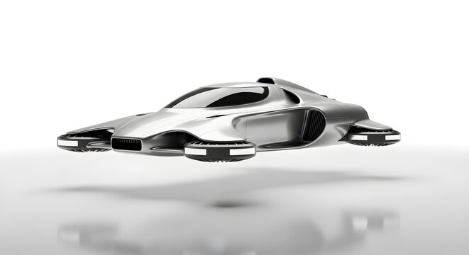 Futuristic Silver Flying Car Mockup Isolated on White