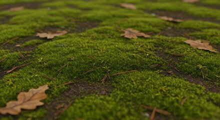 Lush moss covers ground interspersed with fallen leaves  pine needles