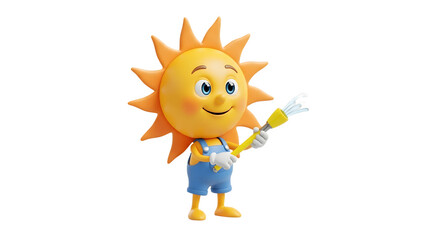Fototapeta premium Cheerful cartoon sun character in overalls holding a paintbrush.