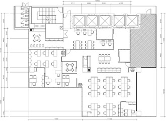 2D Drawing Interior Design – Modern Office Layout Plan with Elevator Zone, Restroom, Lounge Area, Meeting Room, and Staff Workspace