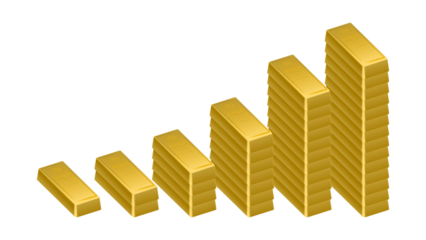 A bar graph constructed from stacks of gold bullion bars, presenting a significant increase of asset value. Investment concept isolated on transparent.