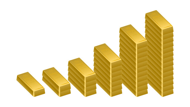 A bar graph constructed from stacks of gold bullion bars, presenting a significant increase of asset value. Investment concept isolated on transparent.