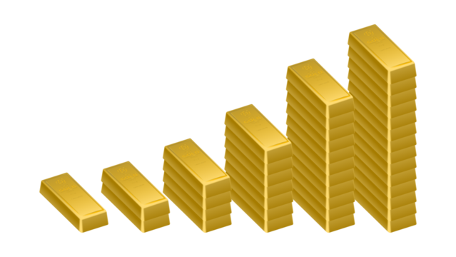 A bar graph constructed from stacks of gold bullion bars, presenting a significant increase of asset value. Investment concept isolated on transparent. - Powered by Adobe