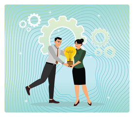 Partnership, Business partners share lightbulb ideas.