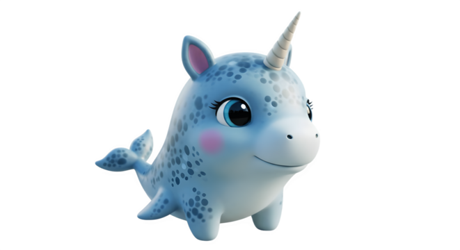 Adorable Blue Narwhal Unicorn Plush Toy with Big Eyes and Pink Cheeks.
