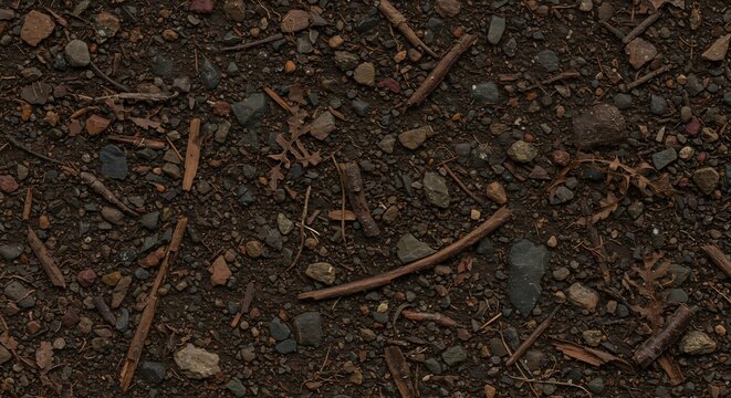 Soil texture with rocks twigs and leaf debris scattered across the surface