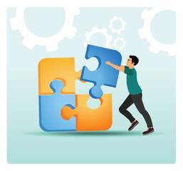 Problem solving, Businessman assembles giant colorful puzzle pieces.