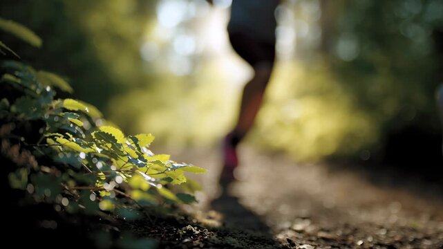 Young runners on forest trail with sunlight filtering through trees creating peaceful energetic outdoor exercise in nature