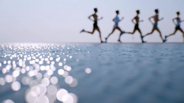 Five runners jogging slow motion beach water sunlight exercise group outdoor fitness sport activity summer healthy lifestyle
