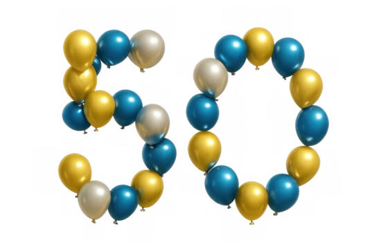 Number 50 celebratory balloons forming a golden, blue, and silver shape for a birthday or anniversary event