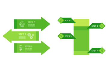 Infographic set displaying clear sequence of steps numbered one to four in bright green design. Each step highlighting different activities with icons, providing clear guidance for tasks