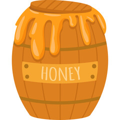 Wooden Honey Barrel With Dripping Golden Honey And Honey Label On Transparent Background Vector Art