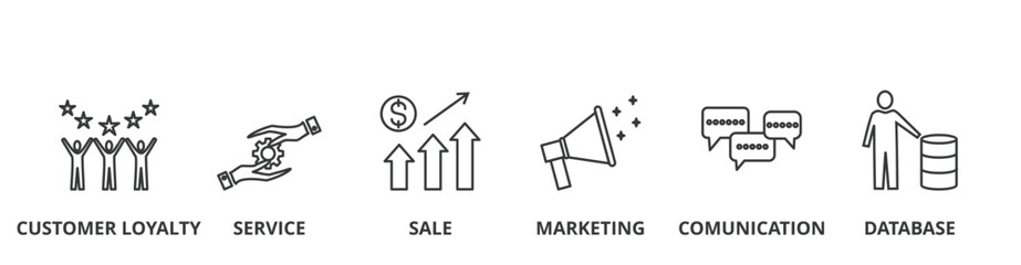 CRM banner vector illustration concept with icon of customer loyalty, service, sale, marketing, communication, and database