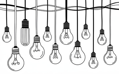Hanging Light Bulbs Illustration Decorative Lighting Fixtures Black and White Vector Design Electric Lamp Idea Concept Creative