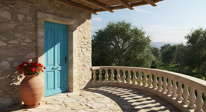 Charming rustic villa terrace featuring a blue door, stone walls, and vibrant flowerpot.