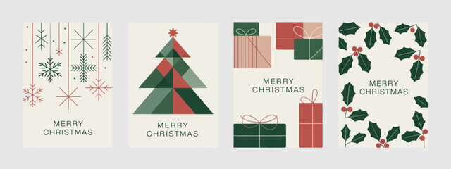 Merry Christmas Greeting Card Set – Cute retro flat design elements with holiday gifts, Christmas tree, toys, gingerbread cookies, and winter decor. Vector templates for festive cards, posters, 