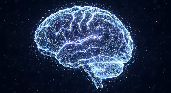 A glowing digital brain made of interconnected points and lines, symbolizing intelligence and technology.