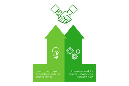 Infographic illustrating concept of partnership and growth in business. Two upward arrows symbolizing progress, with hands shaking above representing collaboration