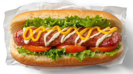 illustration of a serving of hotdogs and sausages, tomatoes, lettuce with mustard and mayonnaise sauce