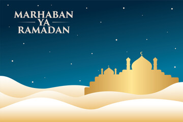 Lettering, Illustration Marhaban Ya Ramadan with Golden Mosque Silhouette Against A Starry Night, Vector Calligraphy Design, Usable for Poster, Banners, Postcards, Wallpaper, Gifts etc.