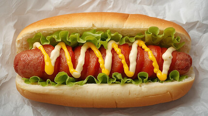 illustration of a serving of hotdogs and sausages, tomatoes, lettuce with mustard and mayonnaise sauce