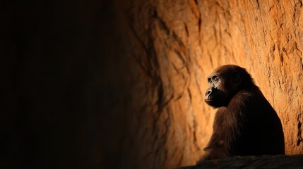 A gorilla sits in a dimly lit environment, casting a contemplative expression against a rocky backdrop.