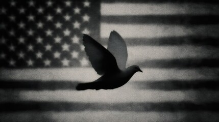 A silhouette of a dove flying against a textured background featuring the American flag, symbolizing peace and freedom.