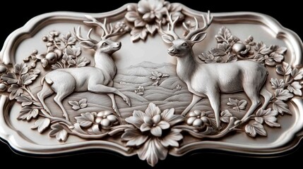 Detailed Engraved Silver Plate Featuring Two Deer in Natural Setting Surrounded by Floral Designs