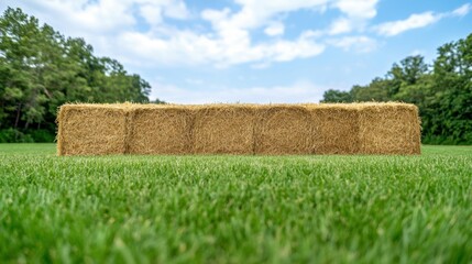 Hay Bale Backstop Setup for Bowhunting Range in Open Field Under Blue Sky and White Clouds