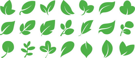 A collection of twenty minimalist green leaf icons, vector eco design elements for nature, organic, botanical, environmental, and sustainability themes