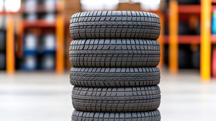 Stacked Tires in Warehouse Setting with Colorful Shelving in Background