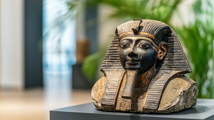 Ancient Museum Artifact Featuring Intricate Engravings of Pharaoh in Serene Display with Modern Background