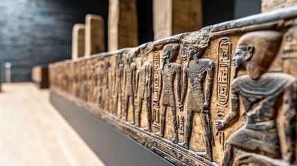 Ancient Museum Artifact with Engravings Displaying Historical Scenes and Figures from a Forgotten Era